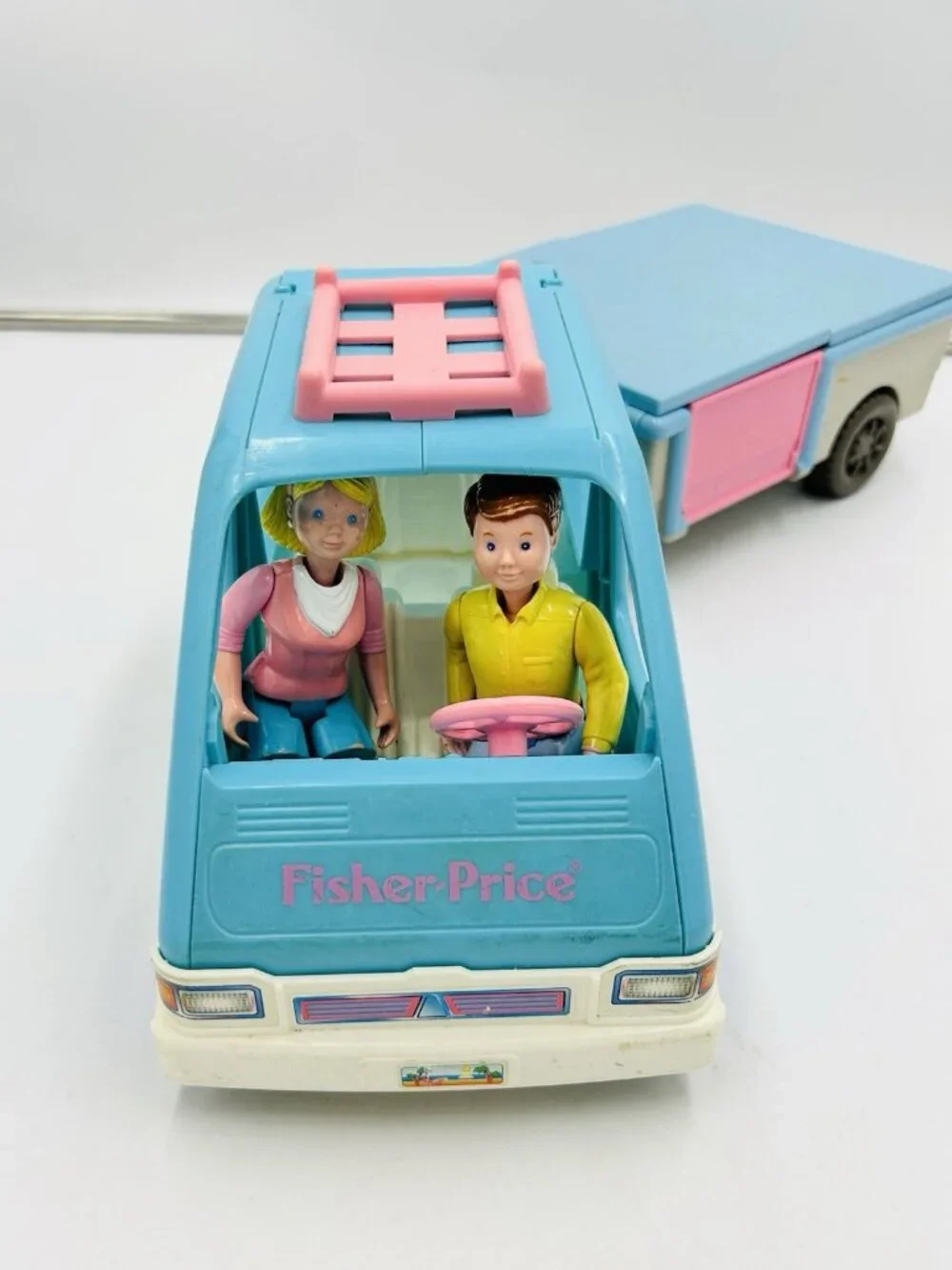 Vintage 1997 Fisher Price Loving Family Minivan Pop Up Camper Car and People Lot